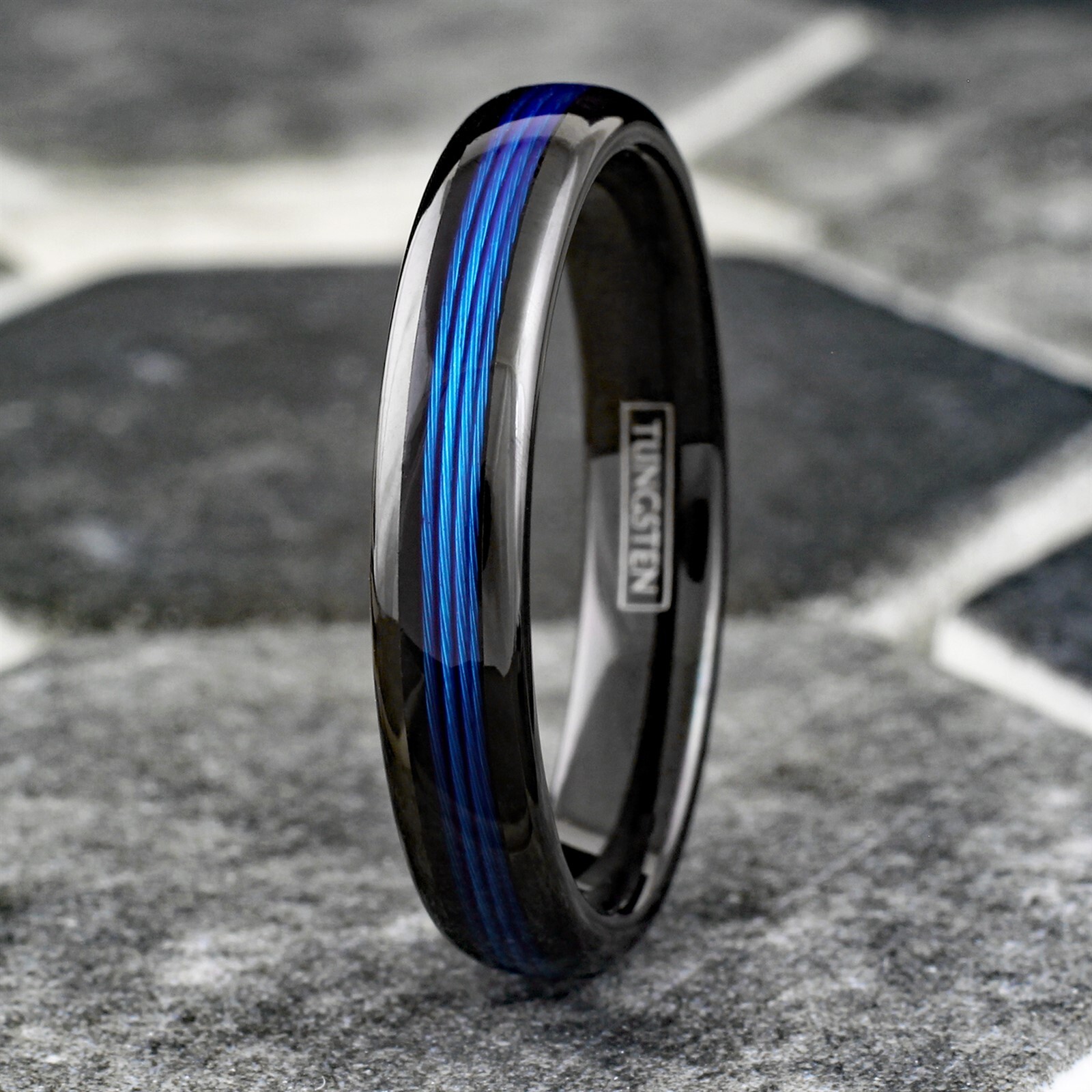 Tungsten Carbide Blue Fishing Line Thin Plain Band – Black or Silver