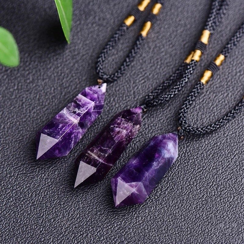 Natural Amethyst Crystal Hexagonal Point Pendant Healing Reiki Amulet Necklace