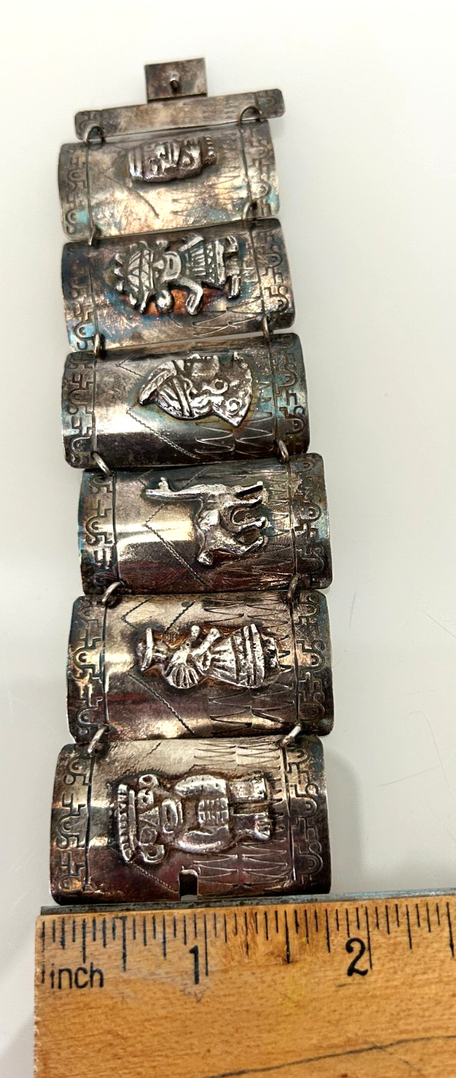 Vintage Peruvian Sterling Silver Panel Storyteller Bracelet 925 Signed AS 69g