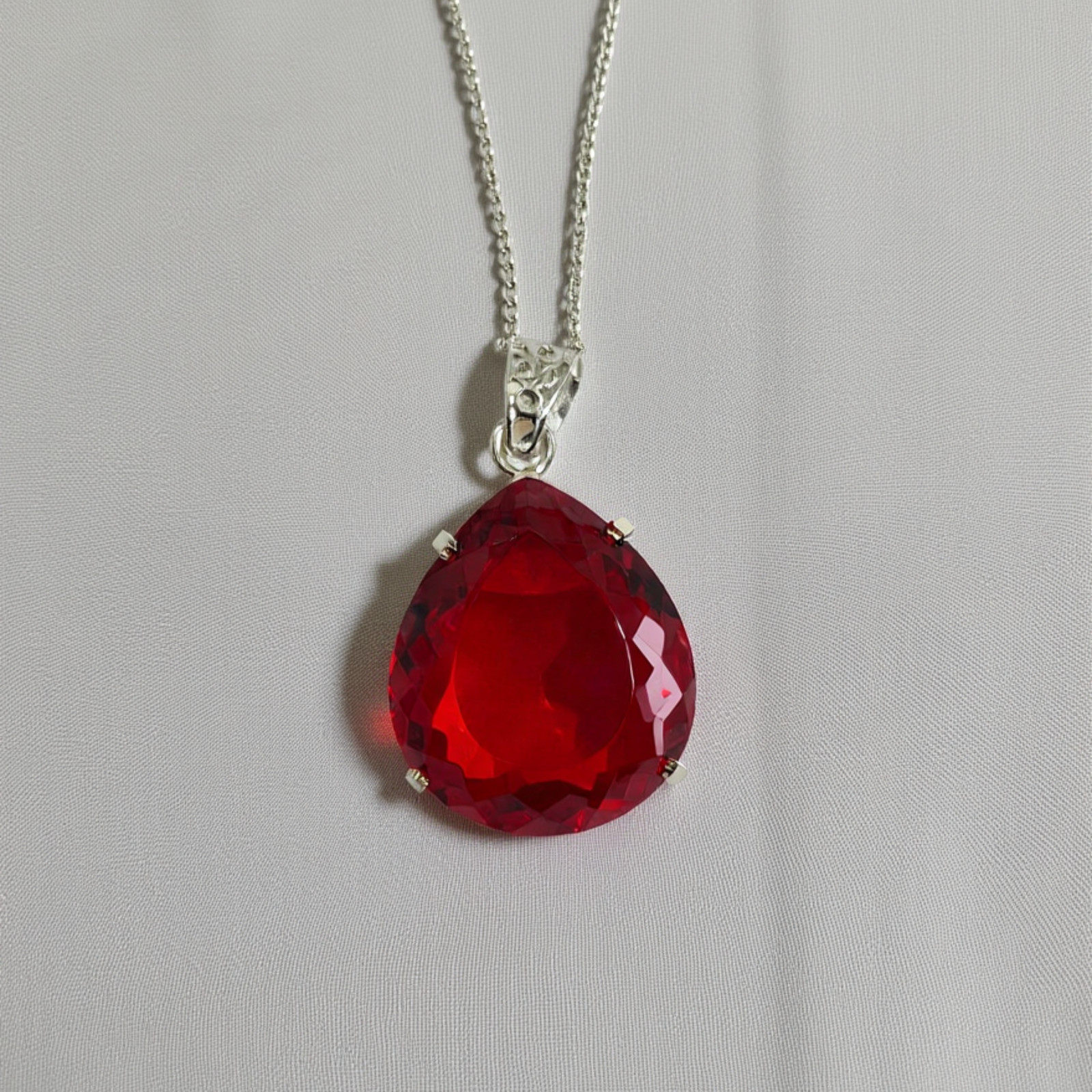 Handmade Ruby Pear Necklace, 90–100ct Red Gemstone Pendant with Free Chain Gift