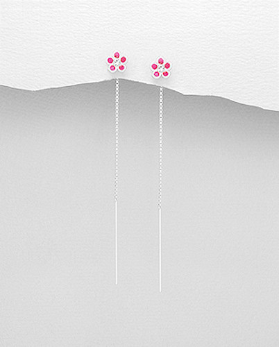 0.65g Sterling Silver Enamel Flower Crystal Glass Threader Wave Earrings 74mm