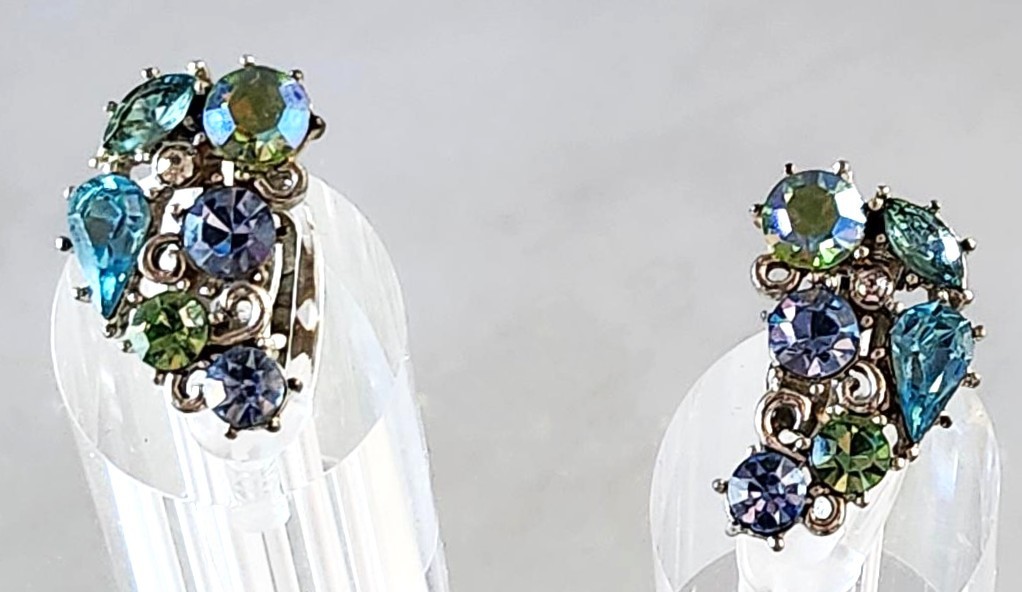 Lisner Vintage Rhinestone Bracelet & Earrings Blues Greens ABs Silver-Tone