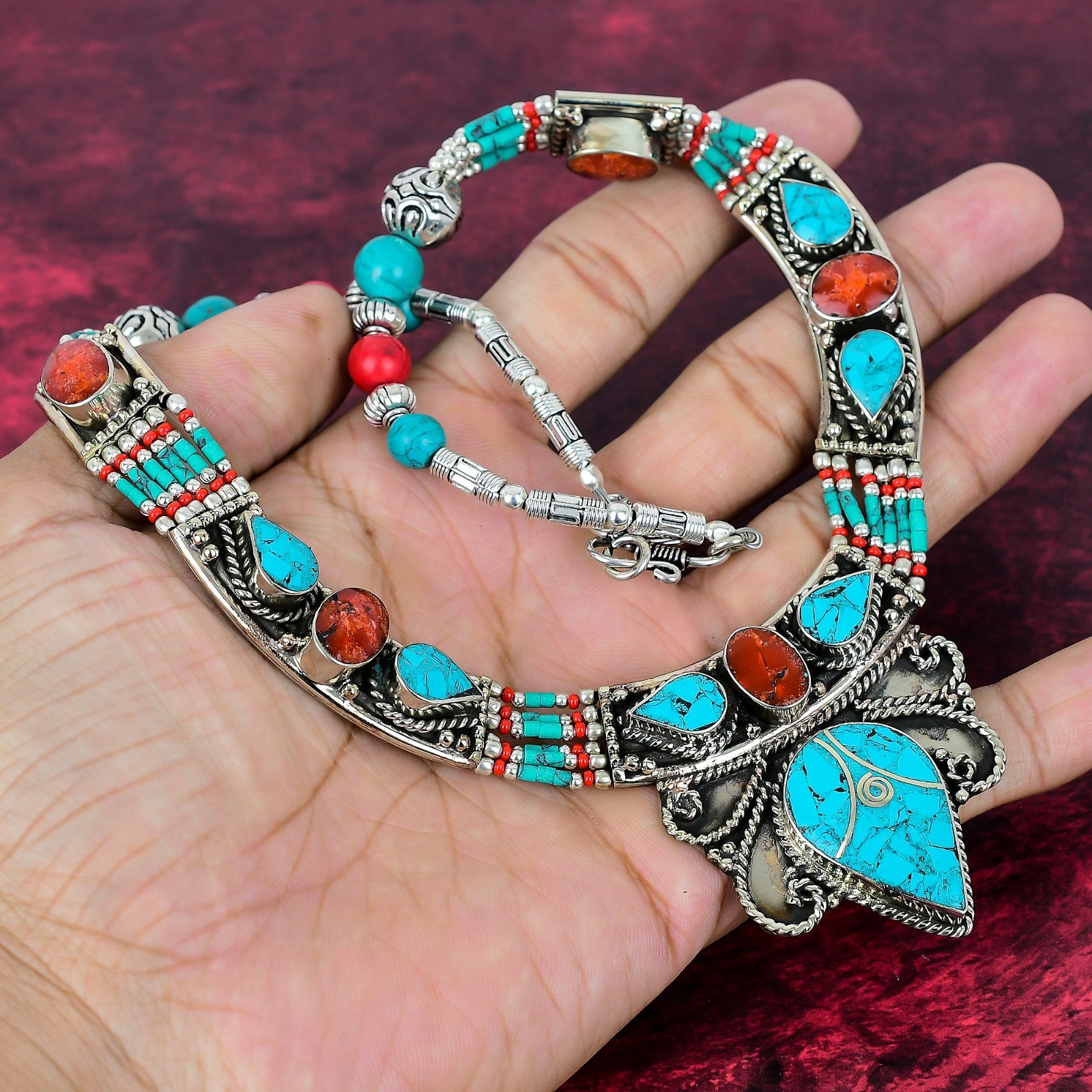 Turquoise Gemstone Handmade 925 Sterling Silver Tribal Nepali Jewelry Necklace