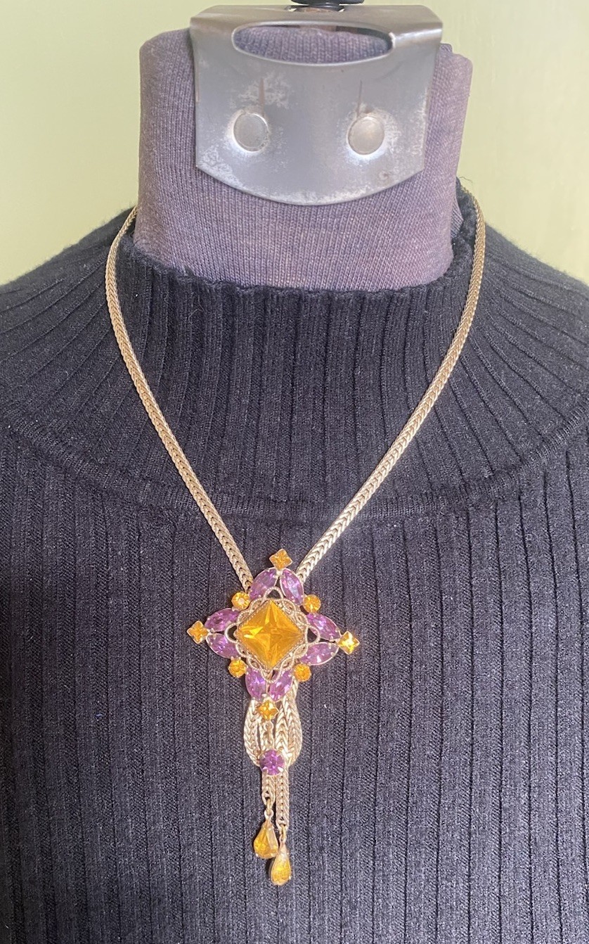 Fixed-Pendant Lariat Necklace Faux Citrine & Amethyst Herringbone Chain ’70s VTG
