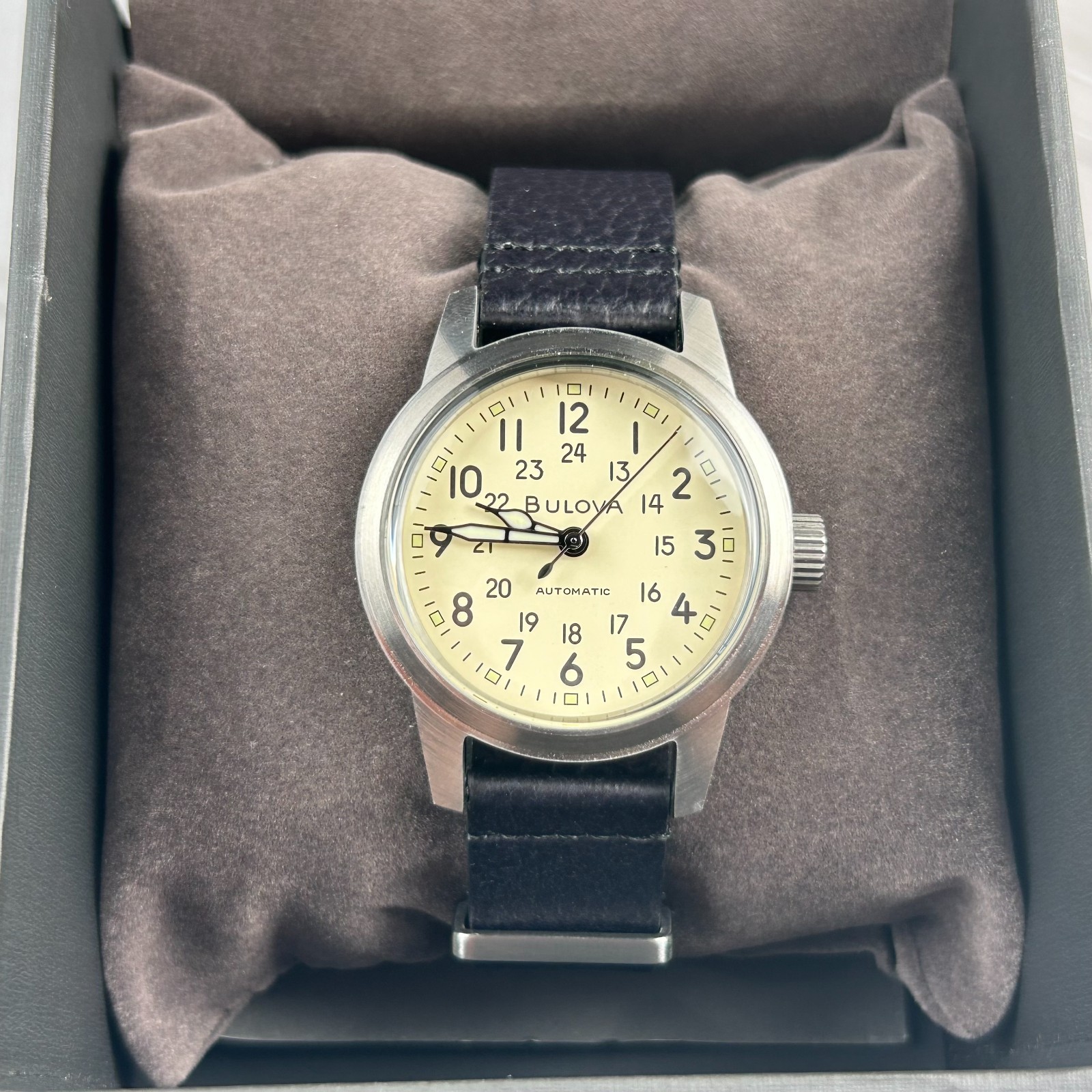 Bulova 96A246 Men’s Hack Watch Ivory Dial Black Leather Strap Automatic New 38MM