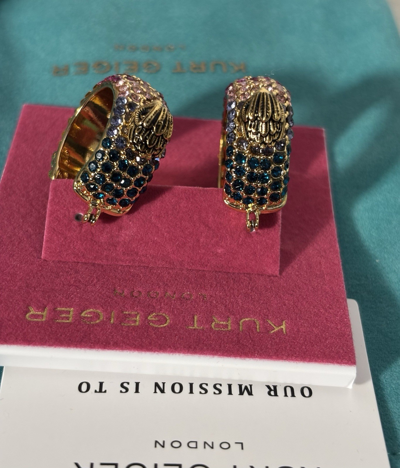 Kurt Geiger London Rainbow Crystal Eagle Hoop Earrings Gold Tone NWT