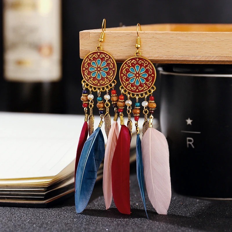 Boho Long Feather Dangle Women’s Earrings Beach Long Tassel Beads Flower Enamel