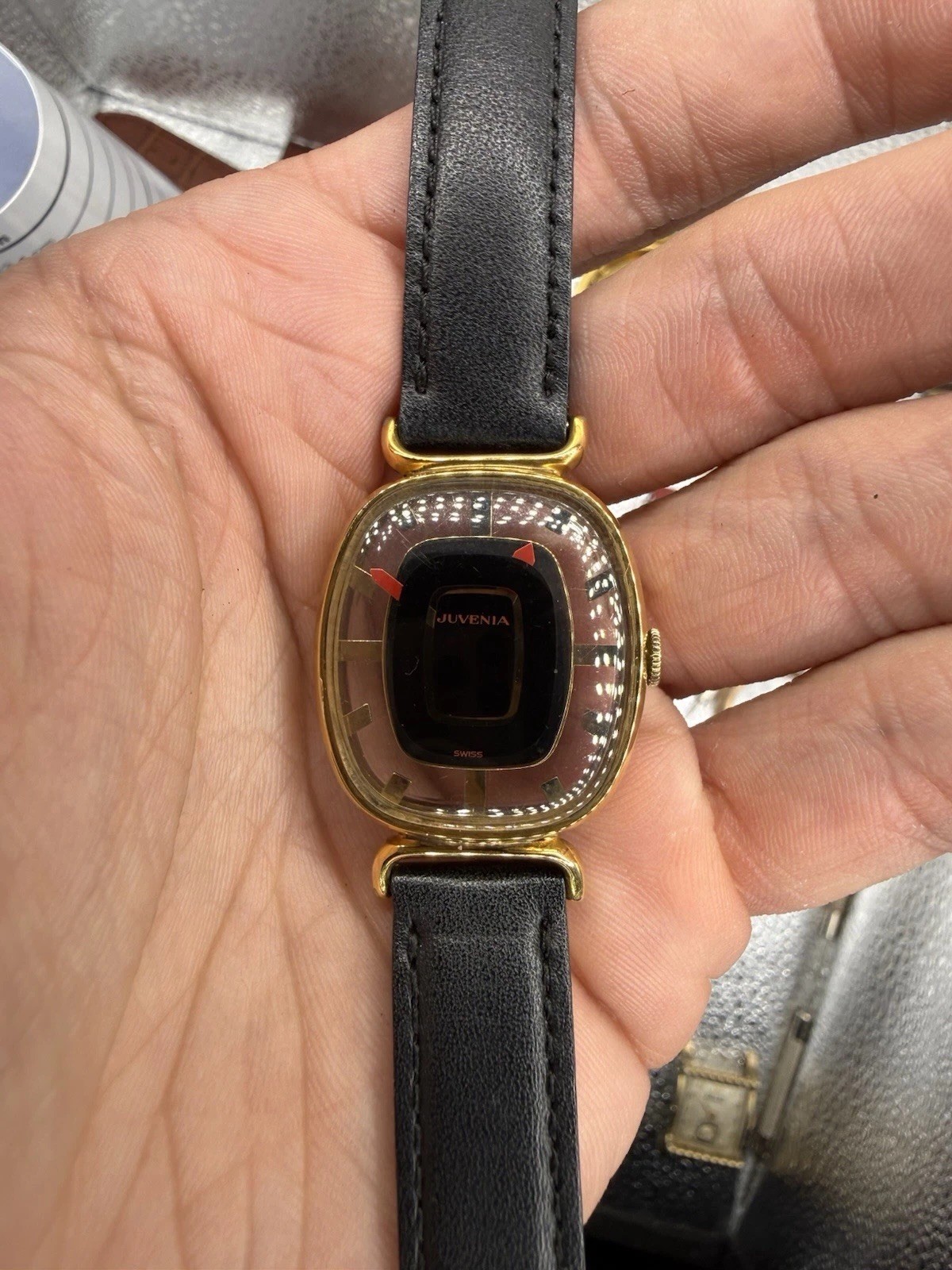 Juvenia Mystere Swiss Made Manual Wind Skeleton Gold Ellipse Black Leather