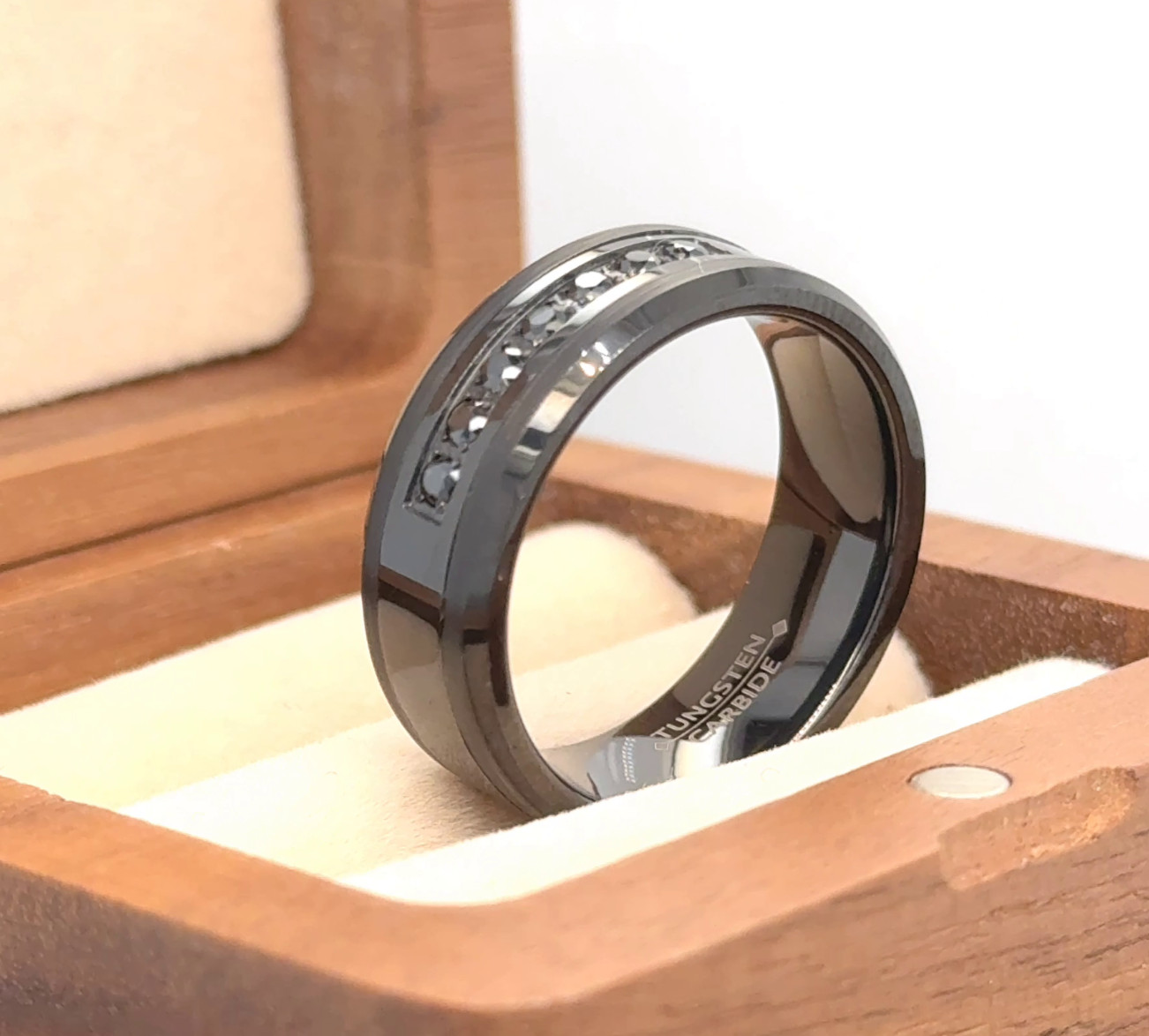 Couple Ring Gift Black Tungsten Engraved Ring Black CZ Inlay Stylish Band