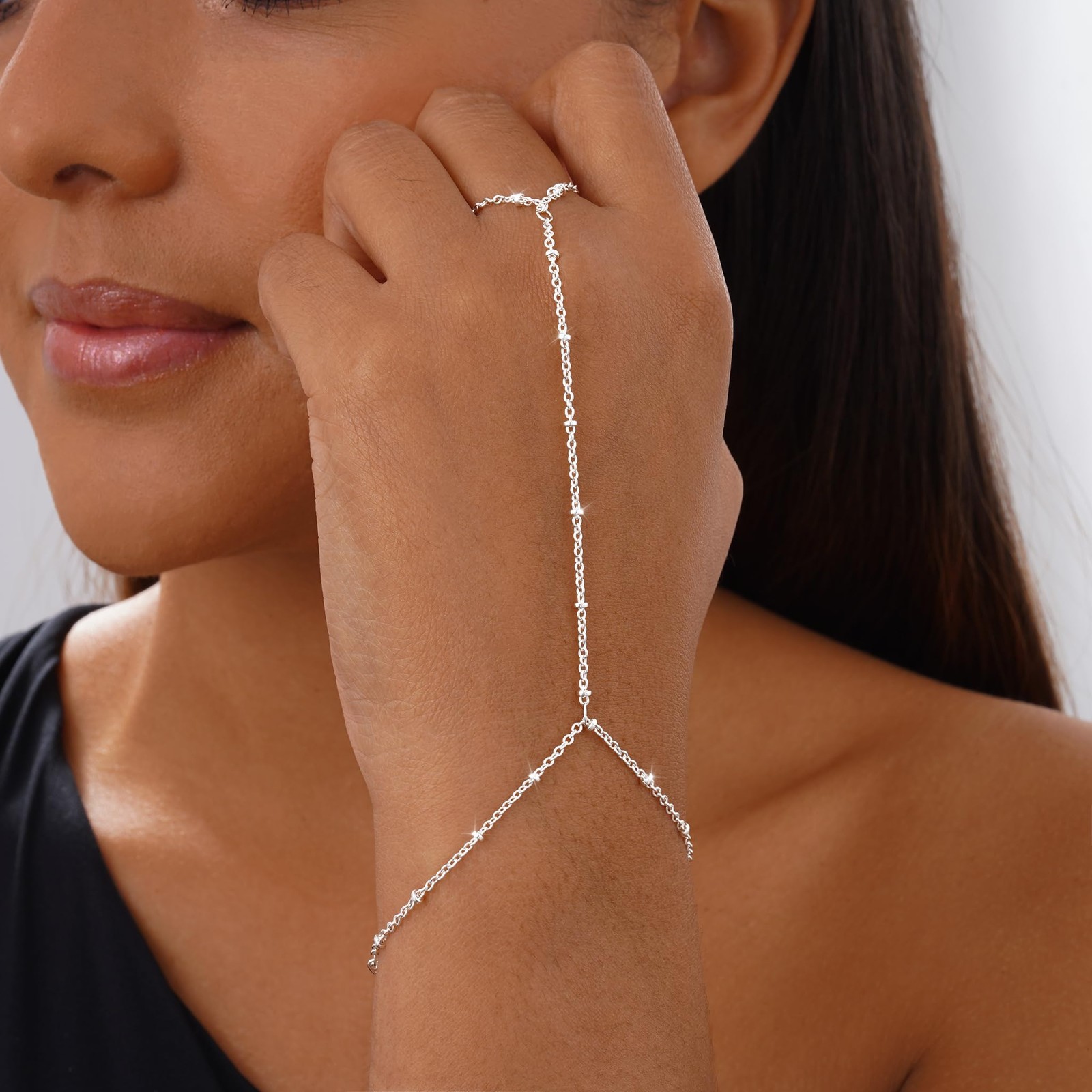 Tewiky Hand Chain Bracelet Ring, 14K Gold Plated/Silver Finger Ring