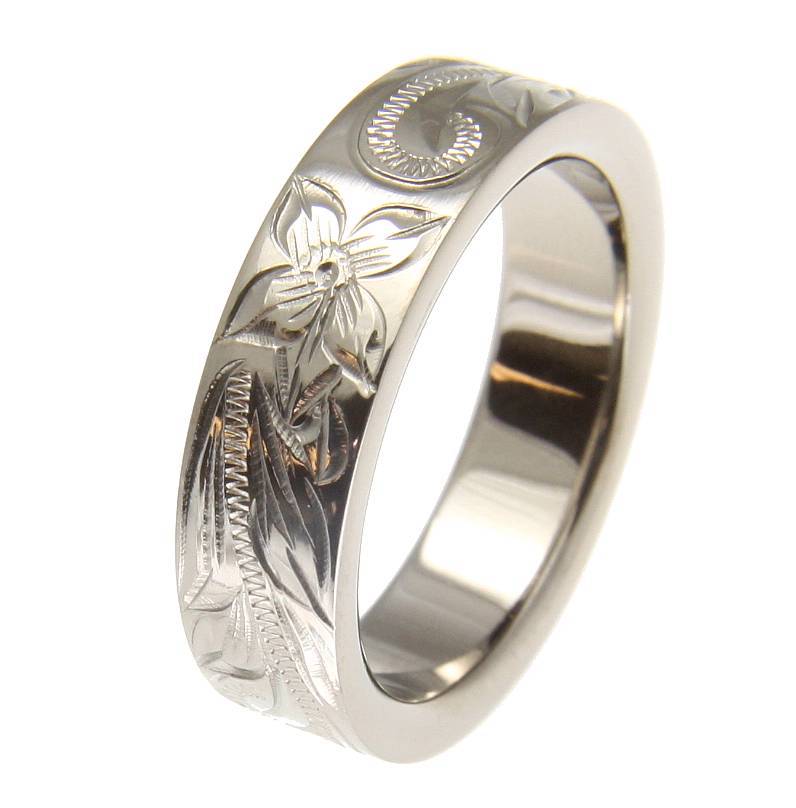TITANIUM HAND ENGRAVED HAWAIIAN PLUMERIA SCROLL BAND RING 6MM