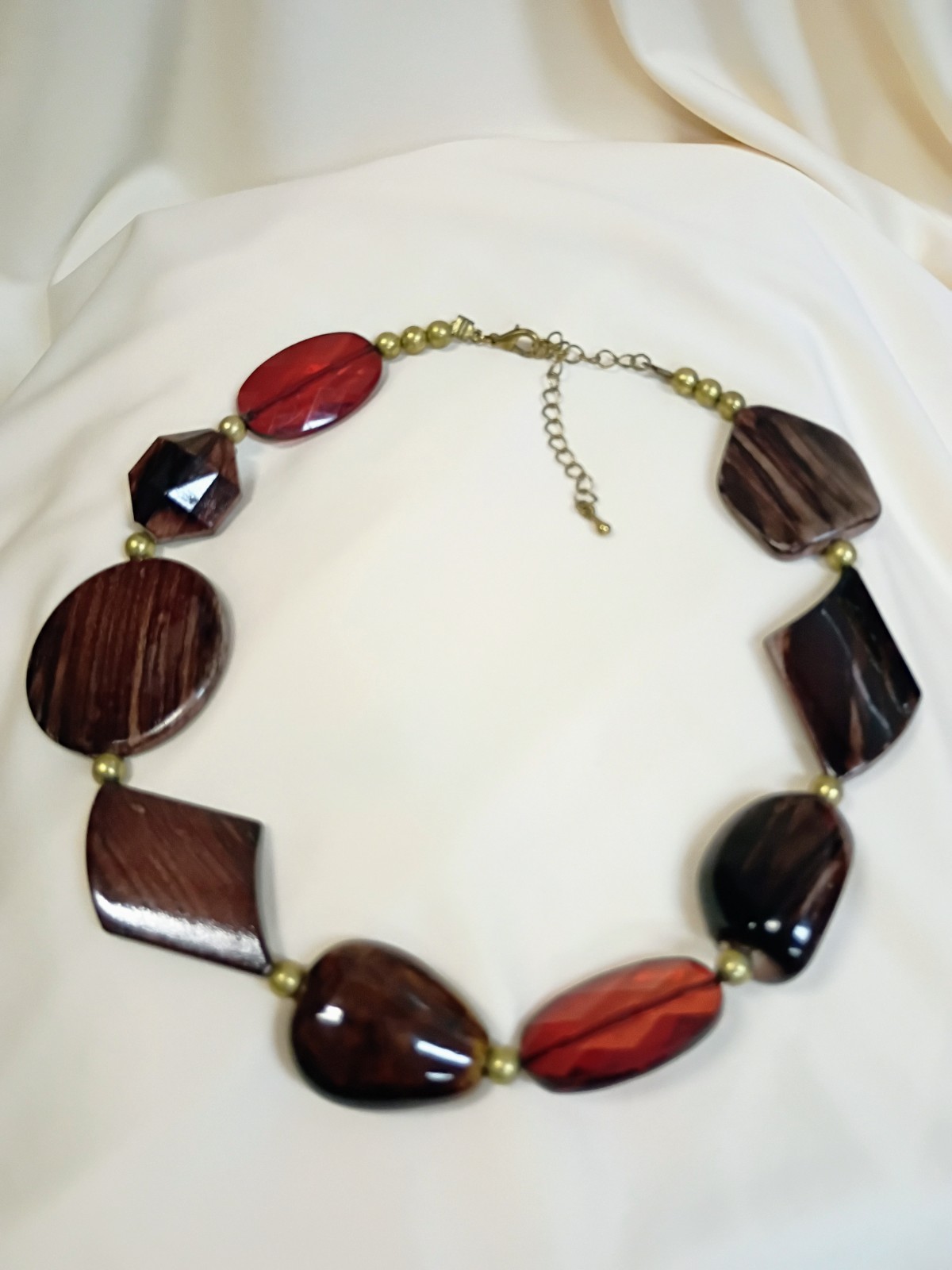 Brown & Red Beaded Faux Wood Beads Statement Necklace Gold Adjustable Extender