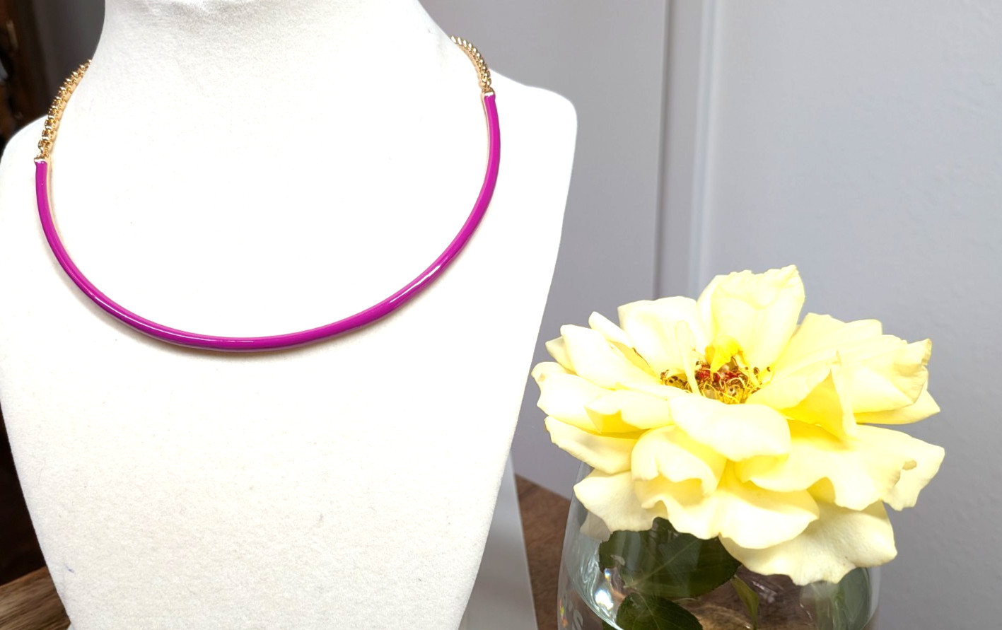 ON 34TH Pink or Black Enamel Choker Necklace Gold Chain 16″ Ret $39.50