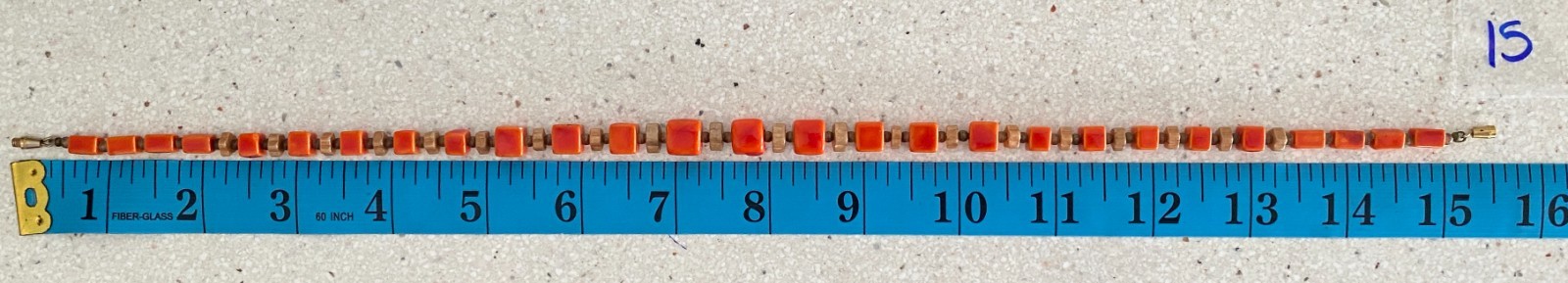 Vintage Orange & Brown Square Bead Necklace Stone Glass Barrel Clasp MCM 15.5″