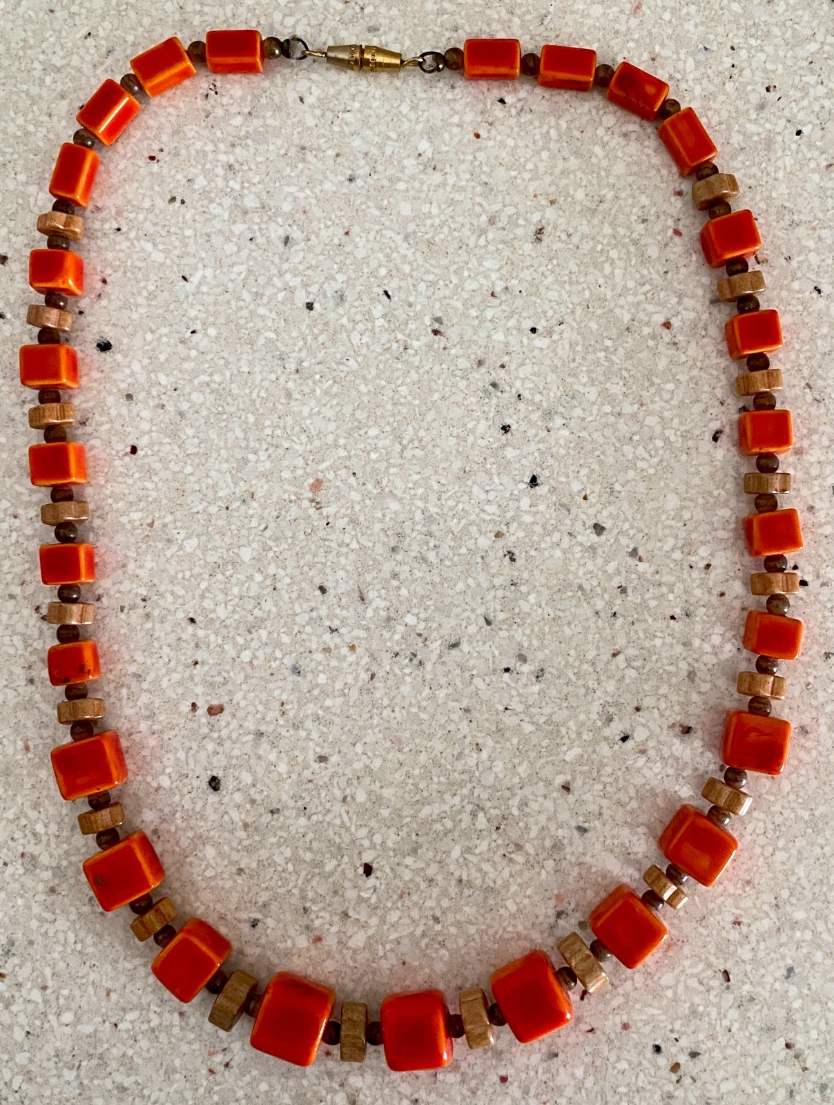 Vintage Orange & Brown Square Bead Necklace Stone Glass Barrel Clasp MCM 15.5″
