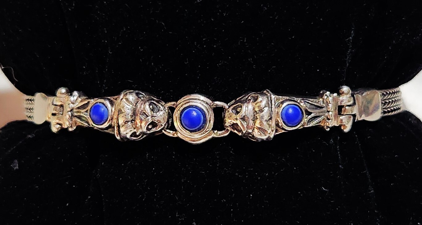 Sterling Silver Lapis Lazuli 3 Stone 4mm Wheat Chain 7 In Bracelet Signed OA 925