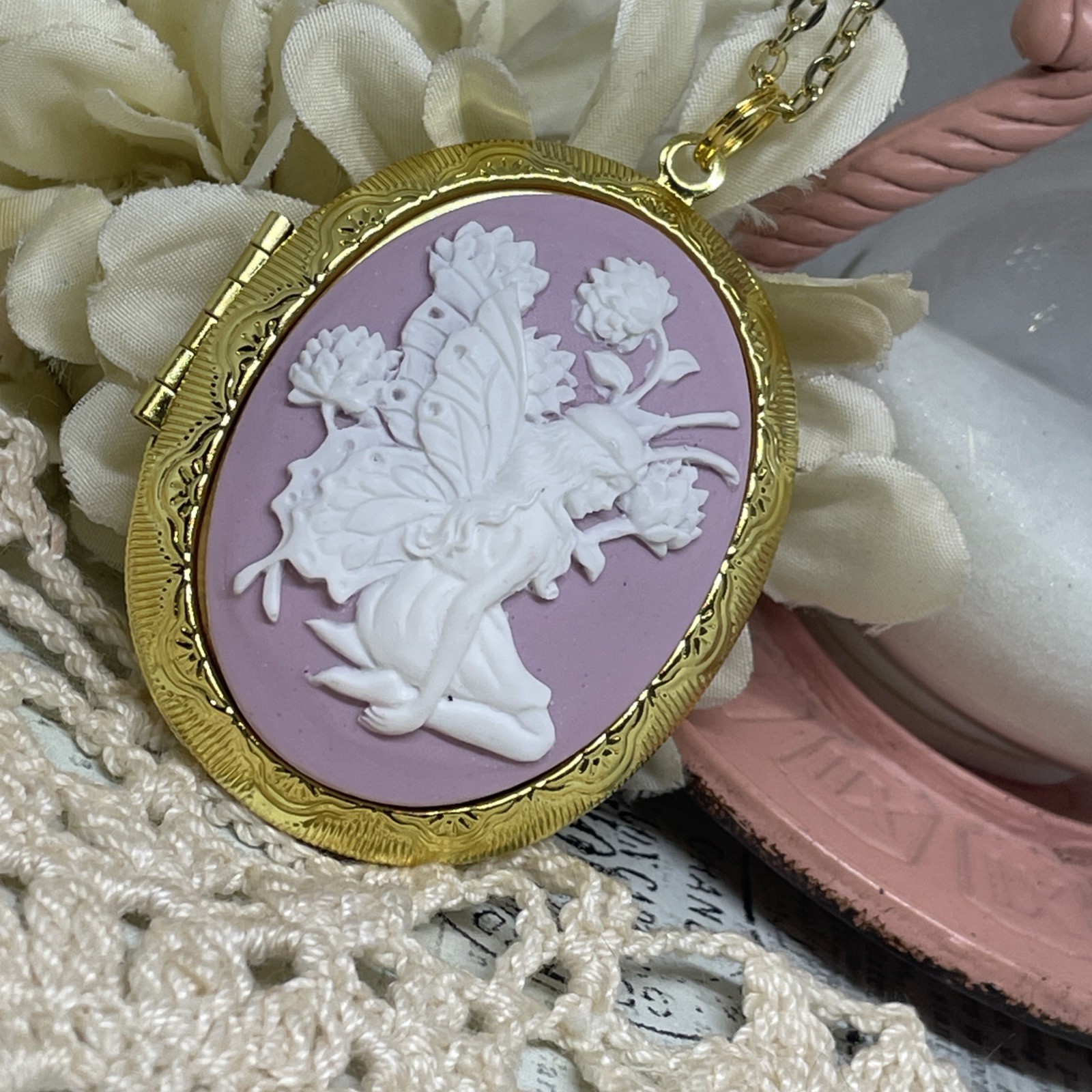 Birthday Gold Fairy Flower Butterfly Cameo Locket Necklace anniversary birthday