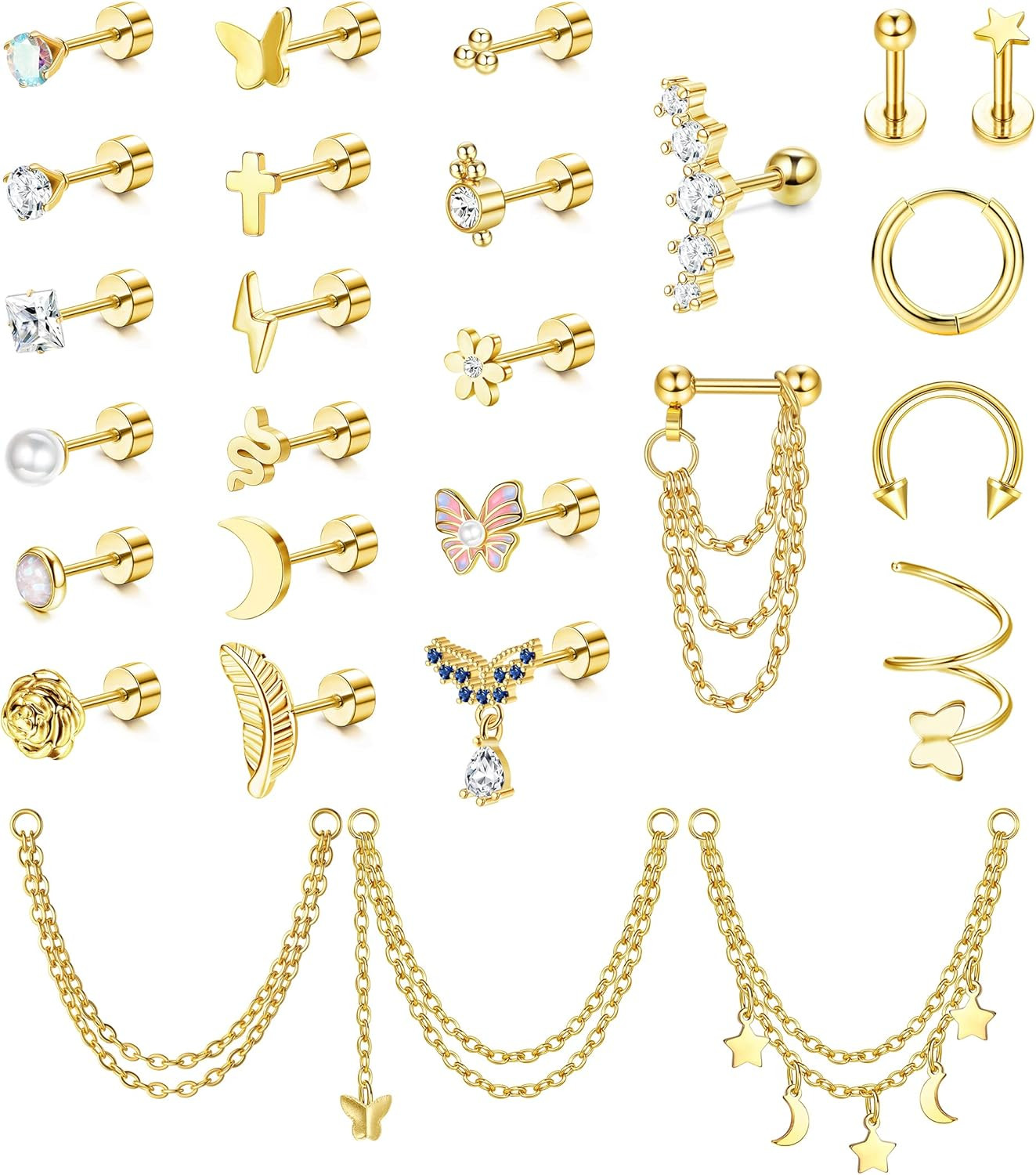 27Pcs Flat Back Earrings Hypoallergenic Surgical Steel Stud Earring Stacks Set D