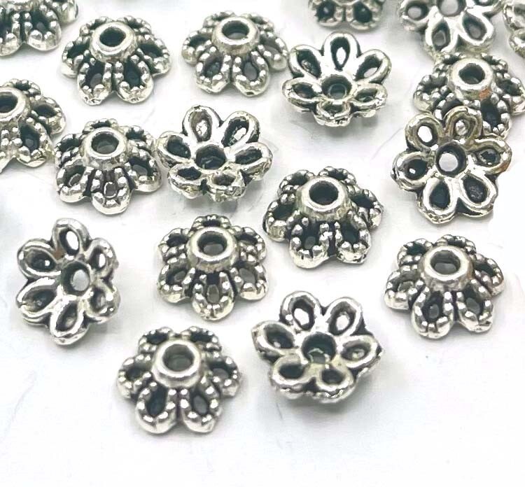 20 Antique Silver Pewter filigree Small Beads Caps, beads cone, top, Flower 6mm