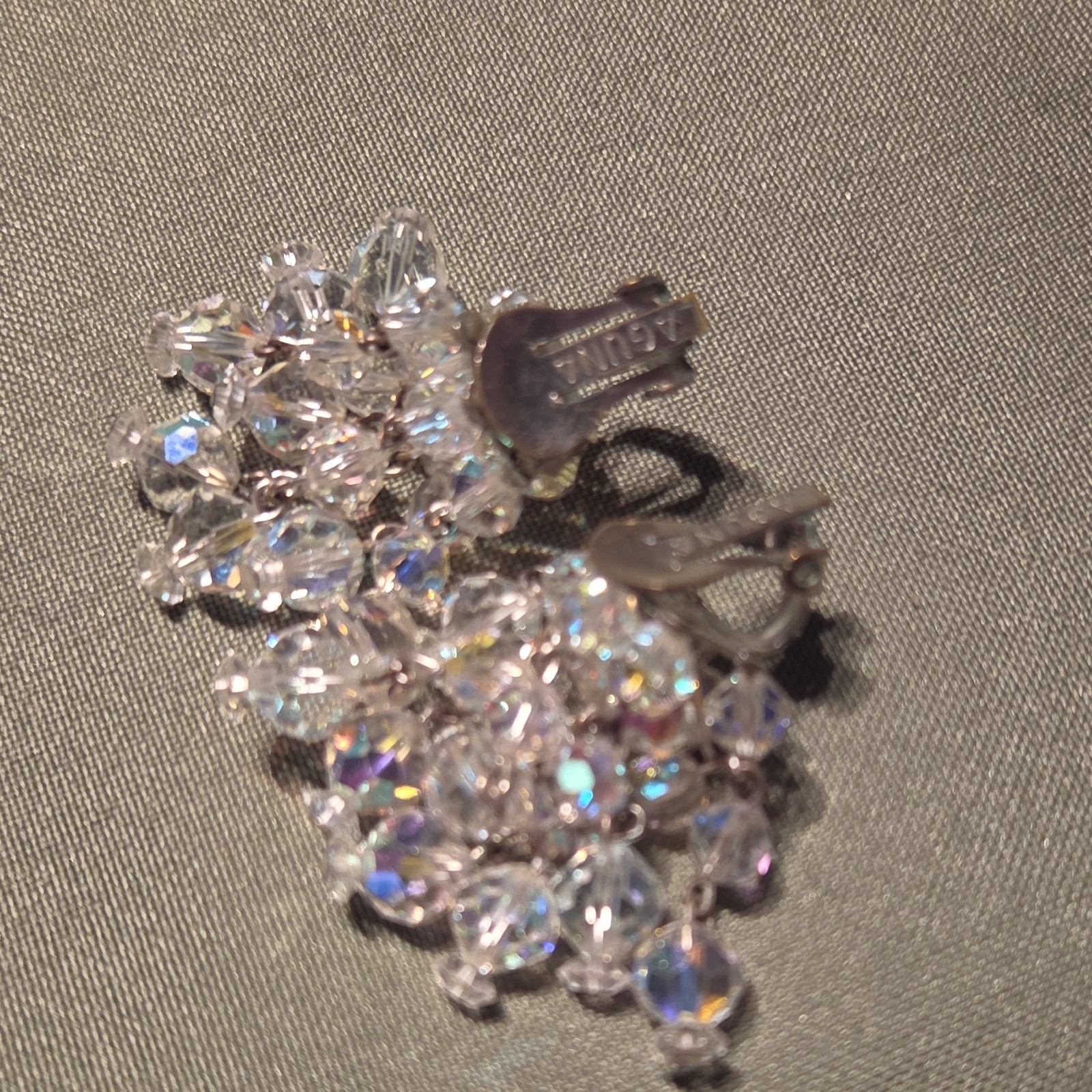 Clear Crystal Aurora Borealis Beaded Cluster Clip-On Earrings Round Stones