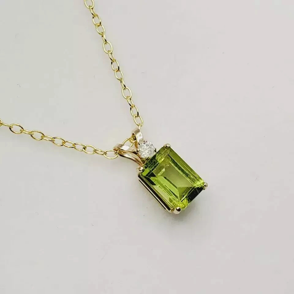 2Ct Emerald Cut Green Peridot Solitaire Women Pendant 14K Yellow Gold Free Chain