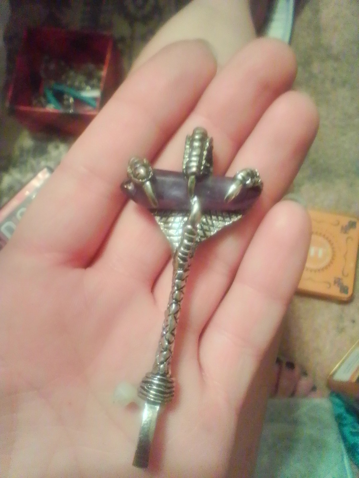 Cross Charm Pendant Silver Tone Metal w/ Purple Baguette Crystal