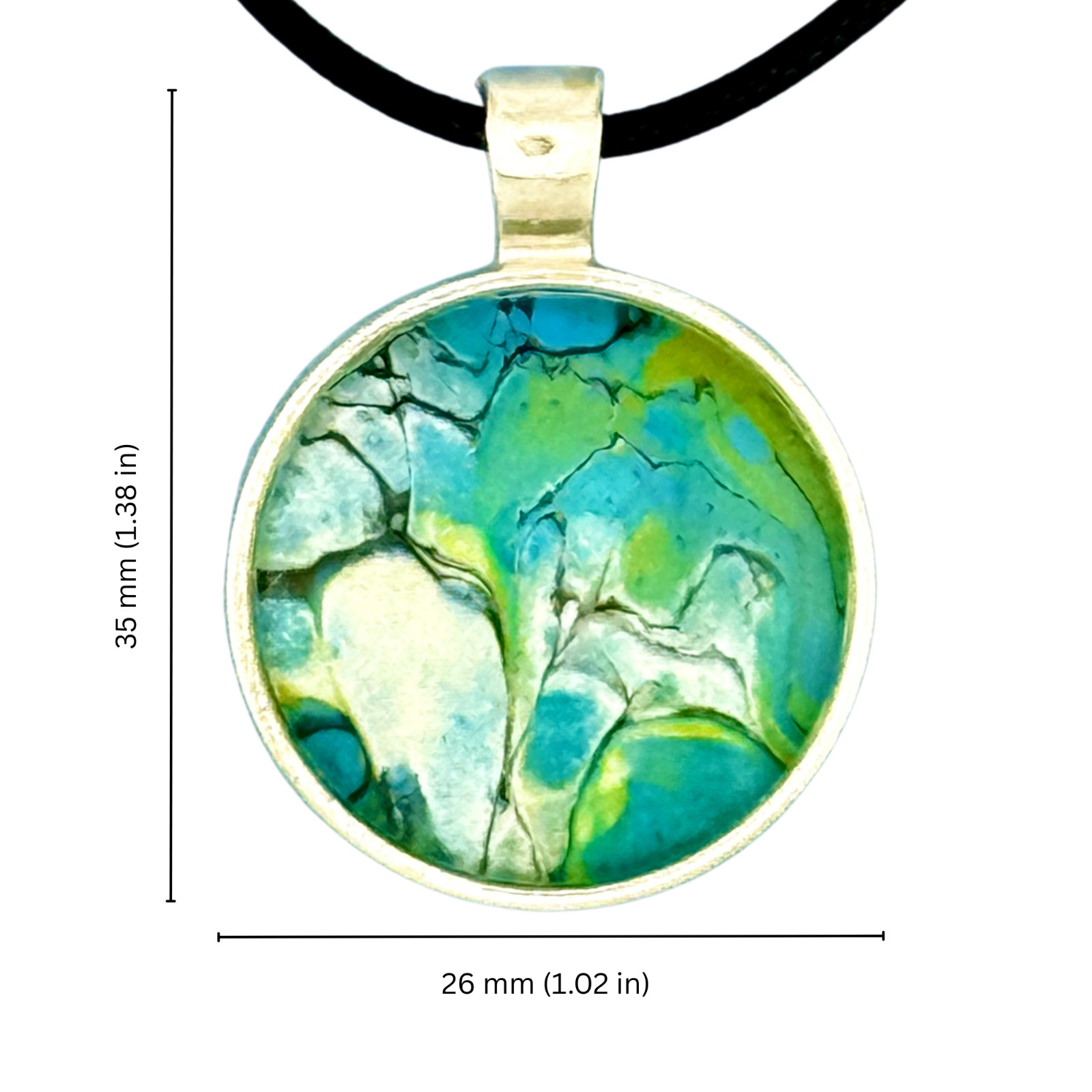 Pendant Necklace Handmade “Burbling Stream” Silver Bezel 25mm Black Cord