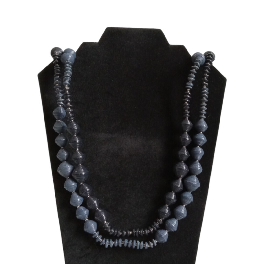 Shades of Blue Lightweight Ribbed Paper Beads Long Length Single Strand Necklace