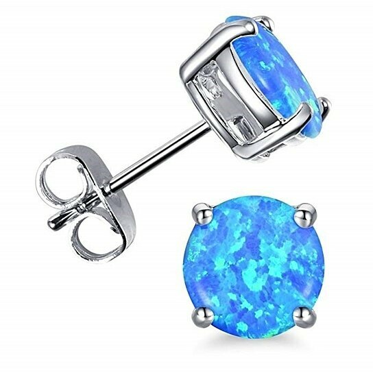 925 Sterling Silver 6mm Round Blue Fire Opal Stud Earrings For Women
