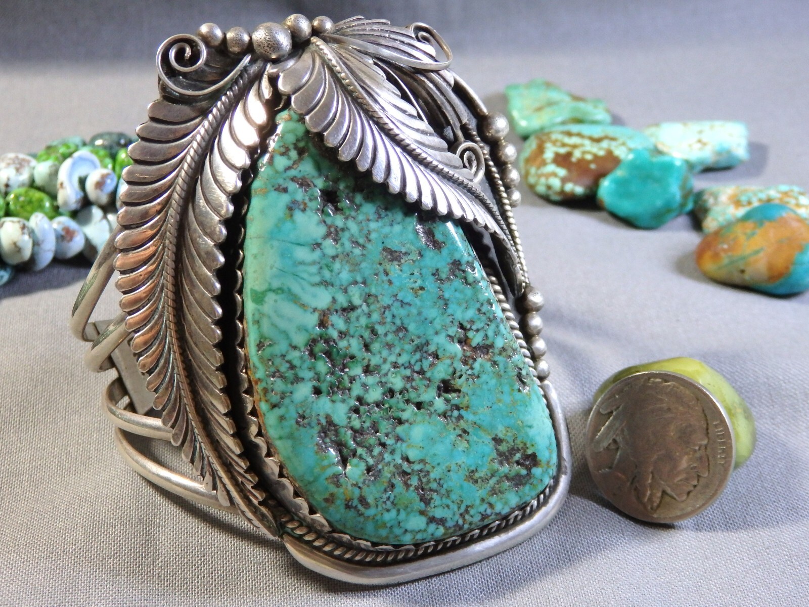 NAVAJO D. Lister KINGMAN TURQUOISE Sterling Silver SQUASH BLOSSOM 110g Bracelet