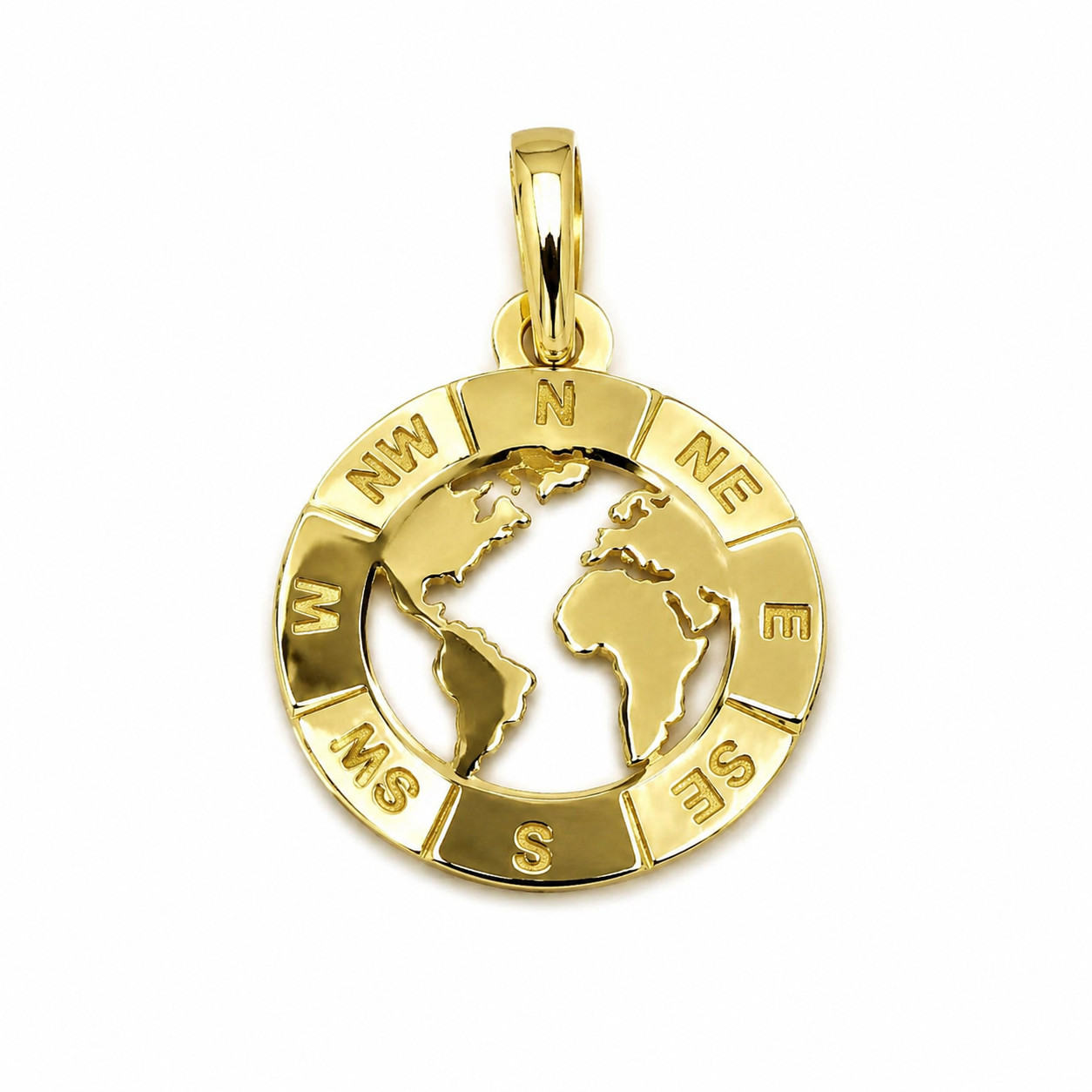 14K Solid Yellow Gold World Map Globe Compass Pendant Travel Charm Unisex