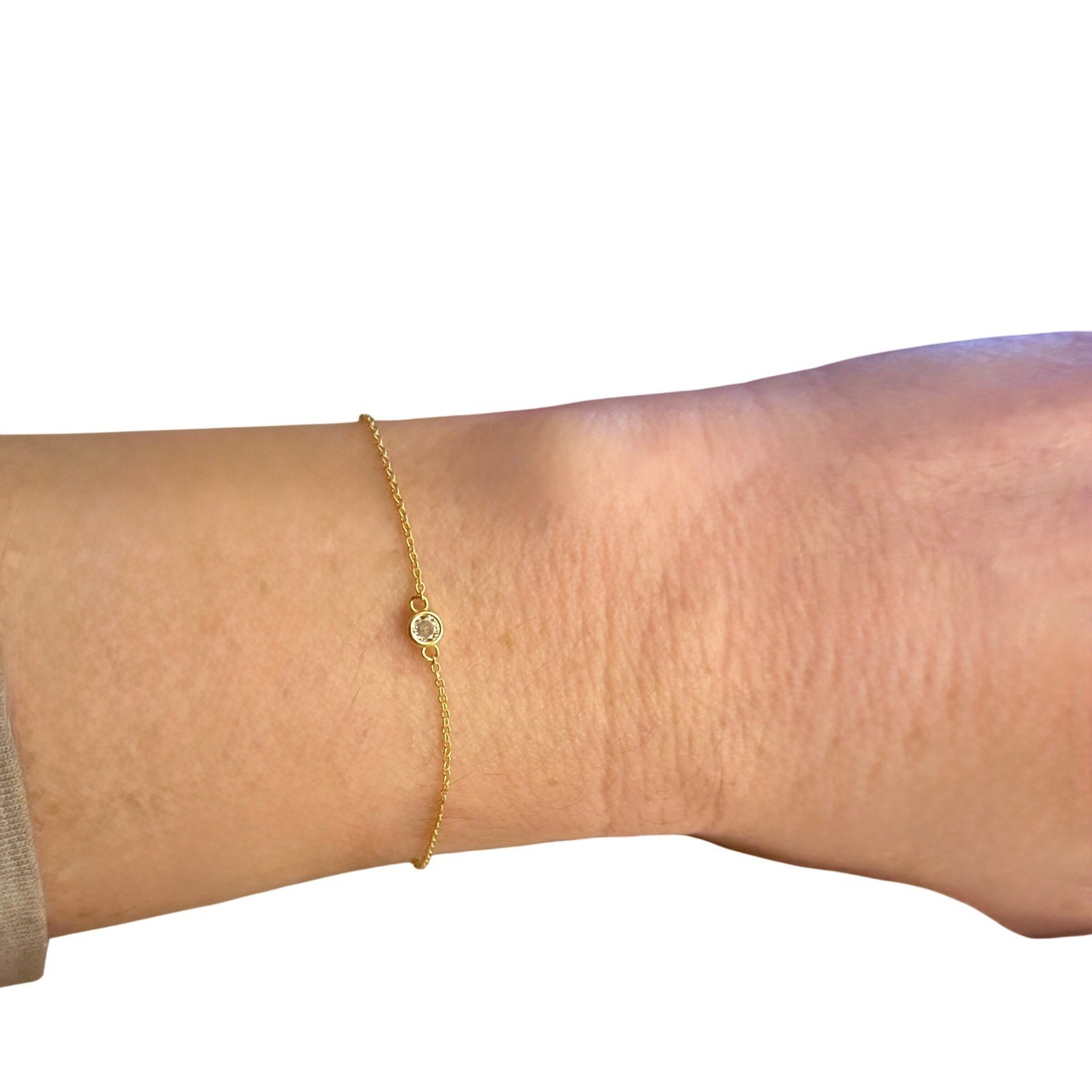 Gold Tone Bezel Set Solitaire CZ Dainty Link Chain Bracelet Minimalist Jewelry