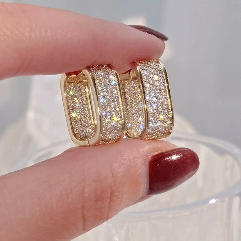 Women 925 Sterling Silver Plated U Micro Pave CZ Square Huggie Hoop Earrings A32