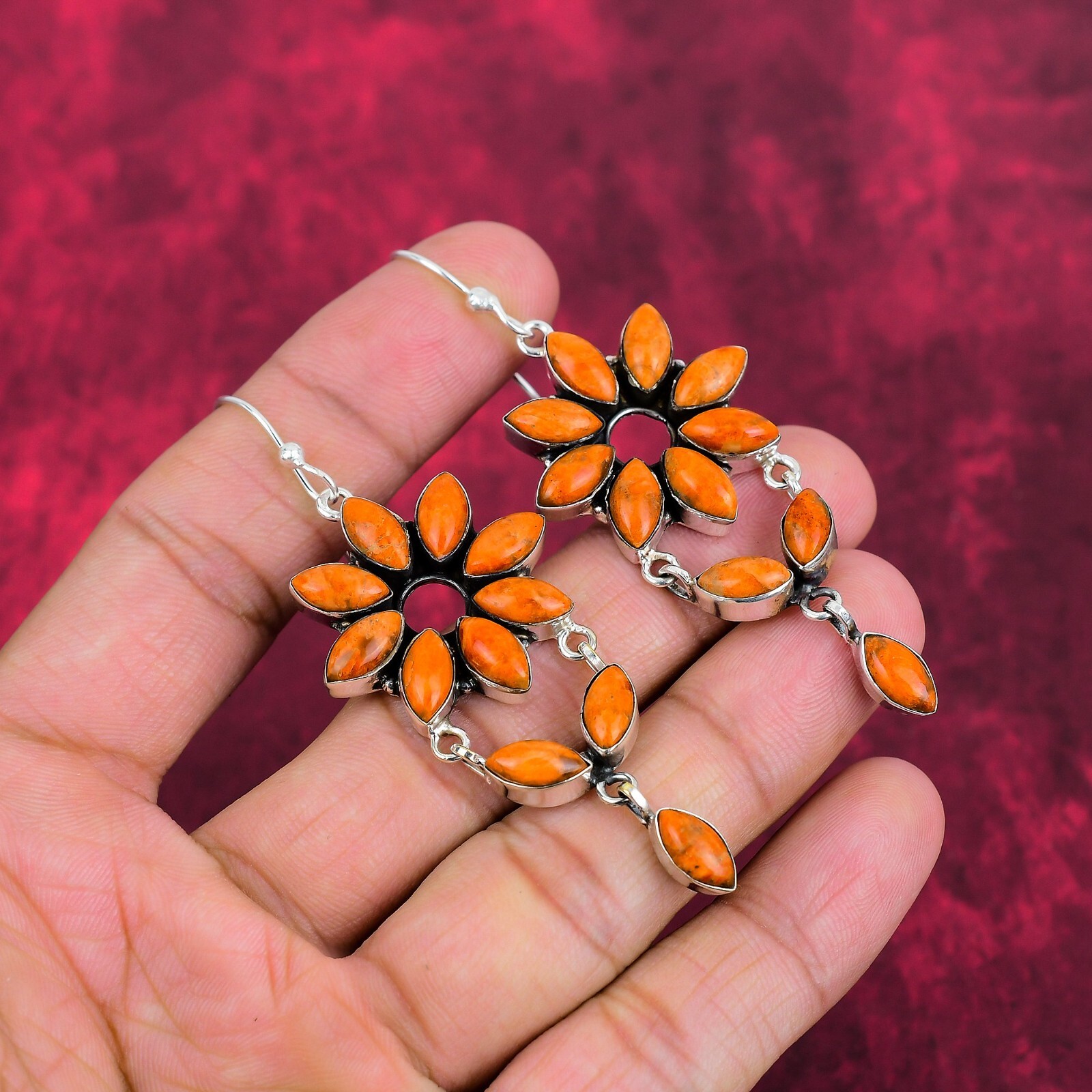 Orange Spong Coral Gemstone Handmade 925 Sterling Silver Earrings Jewelry