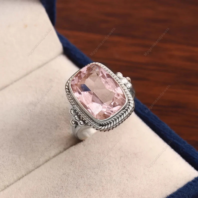 Rose Quartz Ring 925 Sterling Silver Band& Statement Handmade All Size