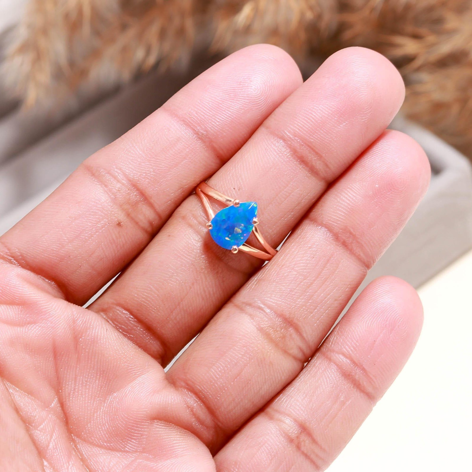 Natural Blue Opal Pear Shape Ring Rose Gold Fill Solid Silver Minimalist Jewelry