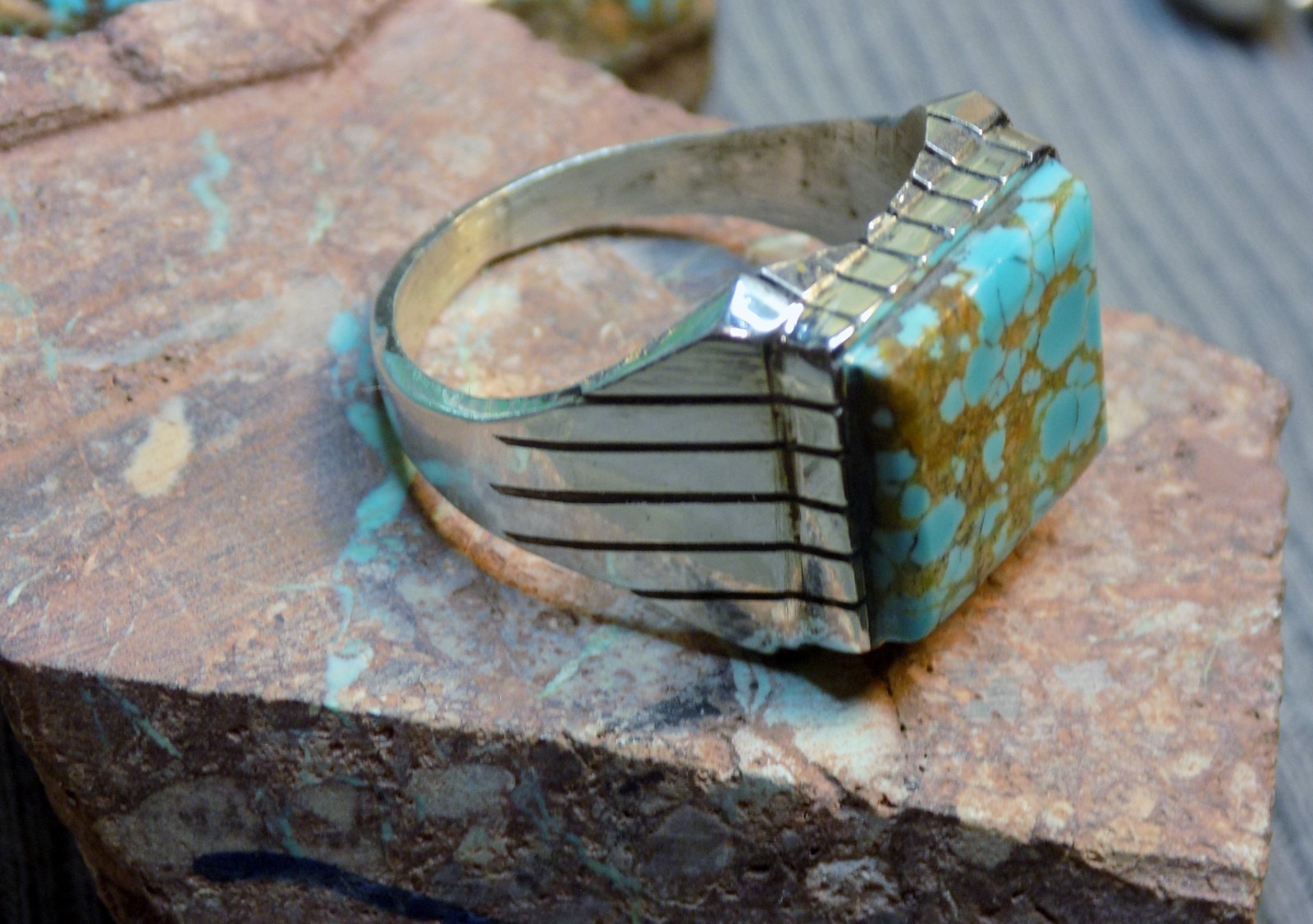 Mens Ring Sterling # 8 Turquoise stone Navajo Trevor Jack Size 9 3/4
