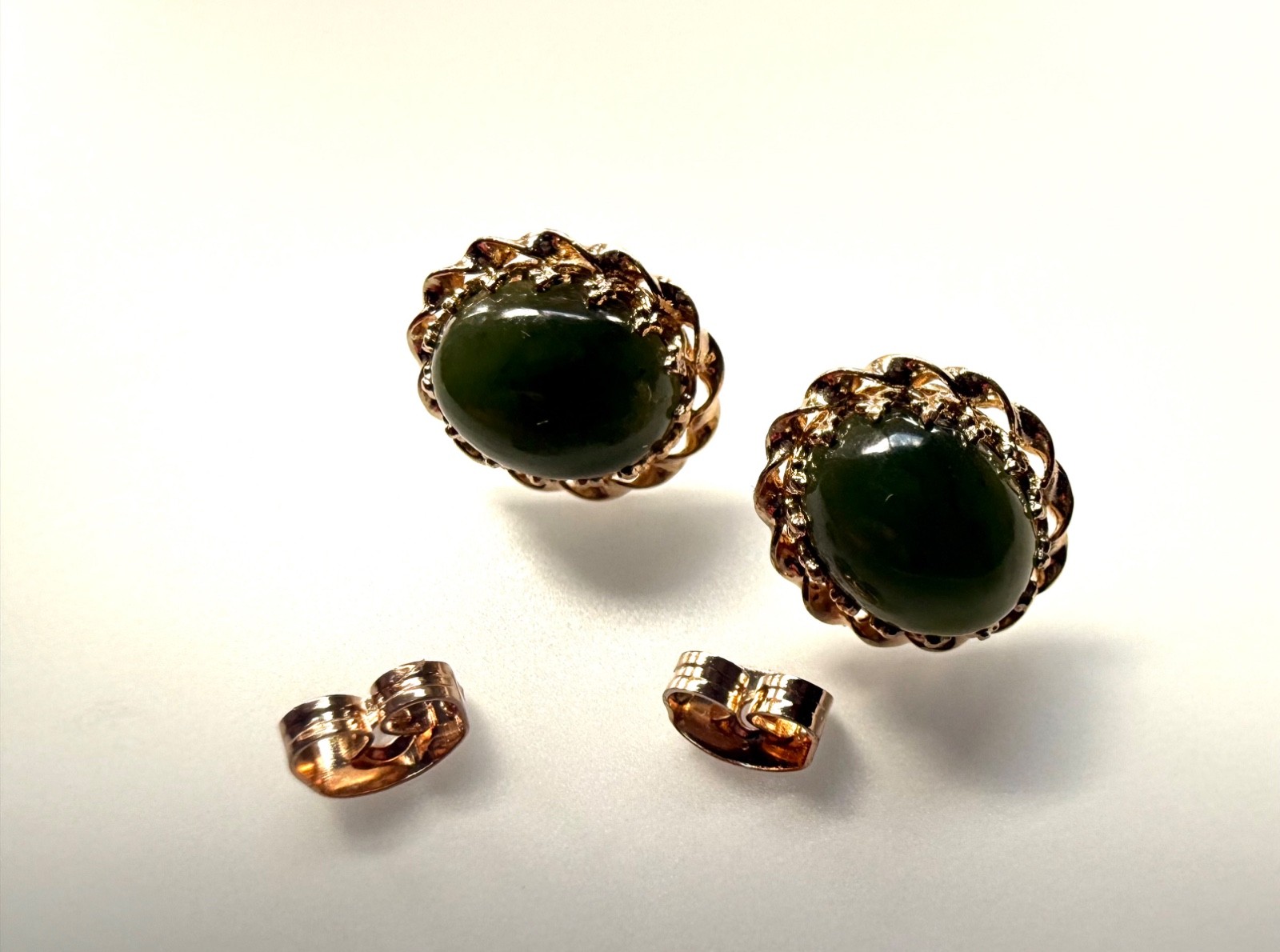 Vtg Stud Green Cabochons Earrings set in 14K Gold Intricate Twisted Prong Set…