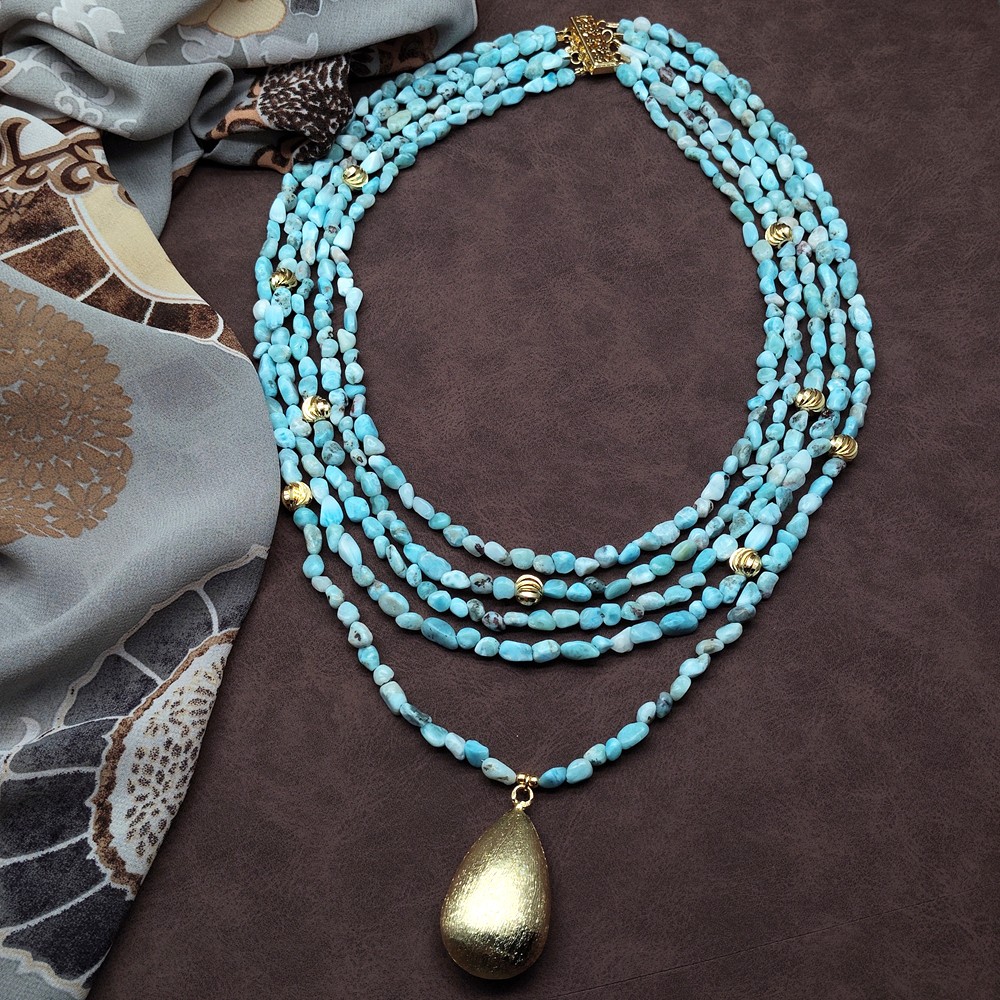 5 Strands Natural Blue Larimar Beads Teardrop Pendant Layered Necklace