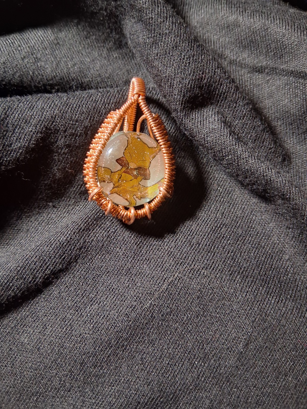 Handcrafted Copper Wire Wrapped Oval Pendant Cord Necklace Art