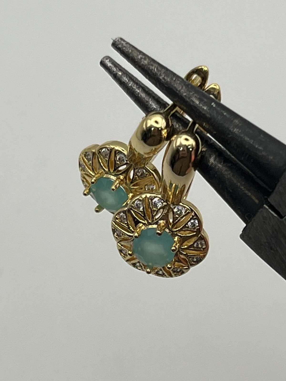 Pale blue green rhinestone gold tone flower cluster earrings