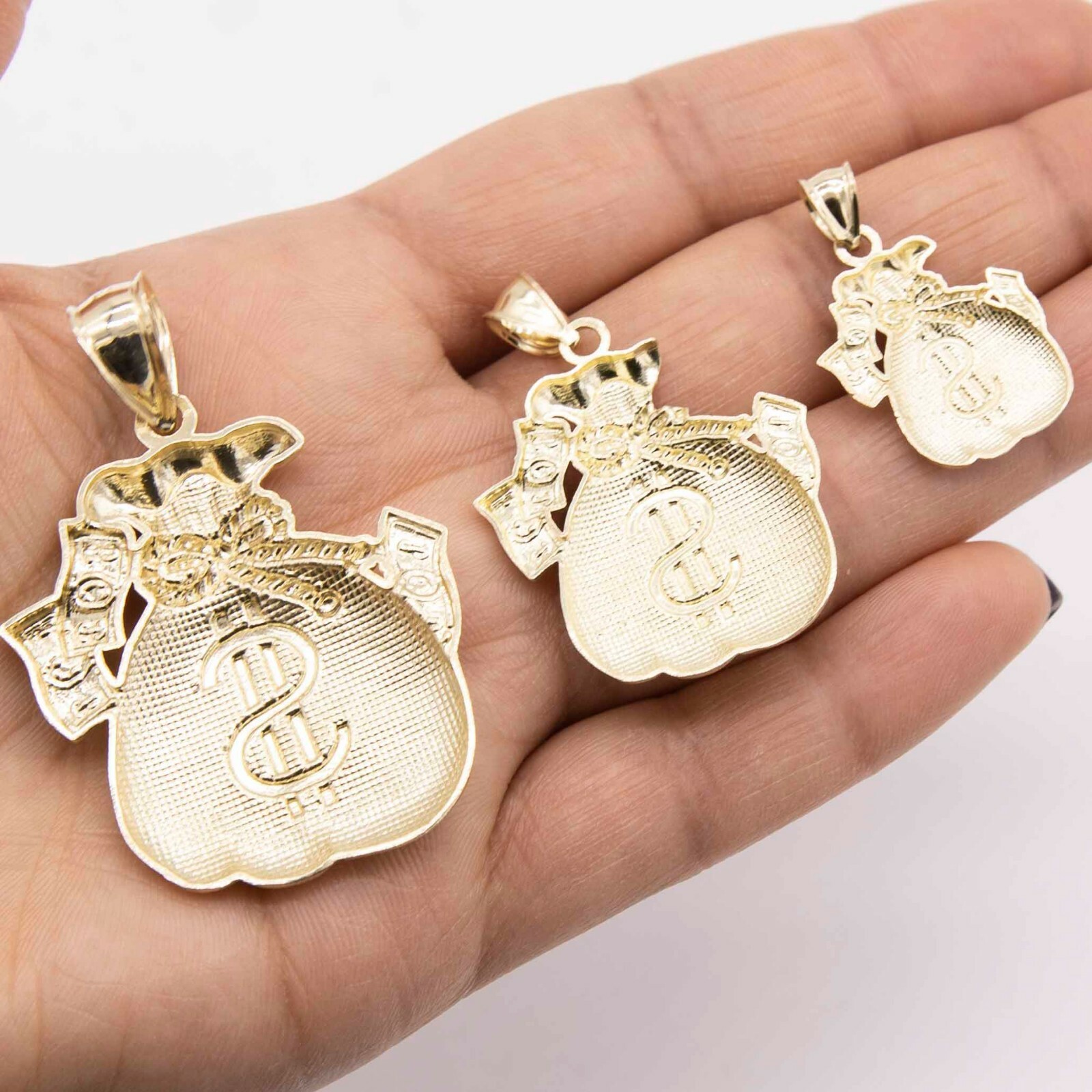 Diamond-Cut Money Bag Luck Pendant Real 10K Yellow Gold All Sizes