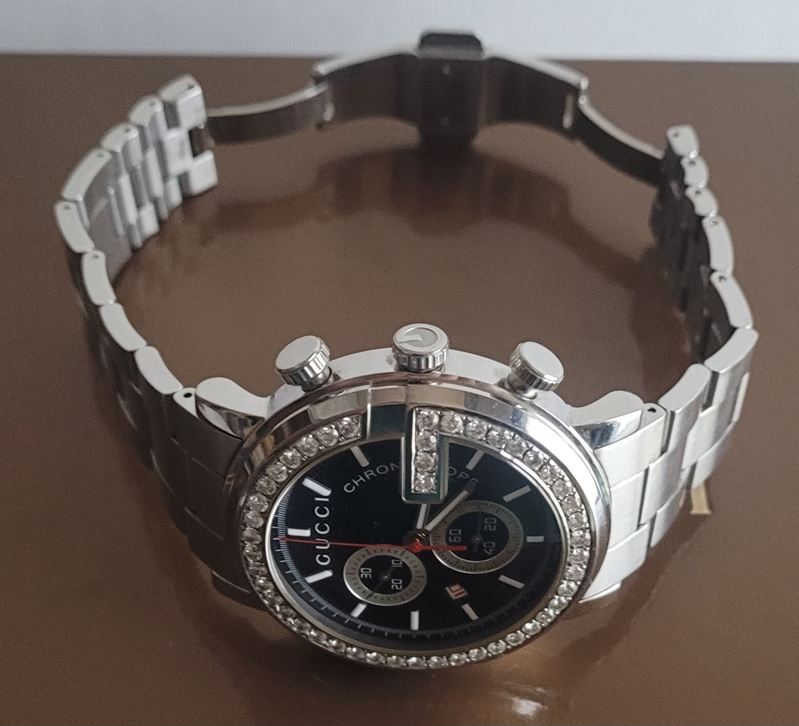 Gucci Chronoscope Watch 46 Diamond Bezel Mens’ SS Band Model #YA101309