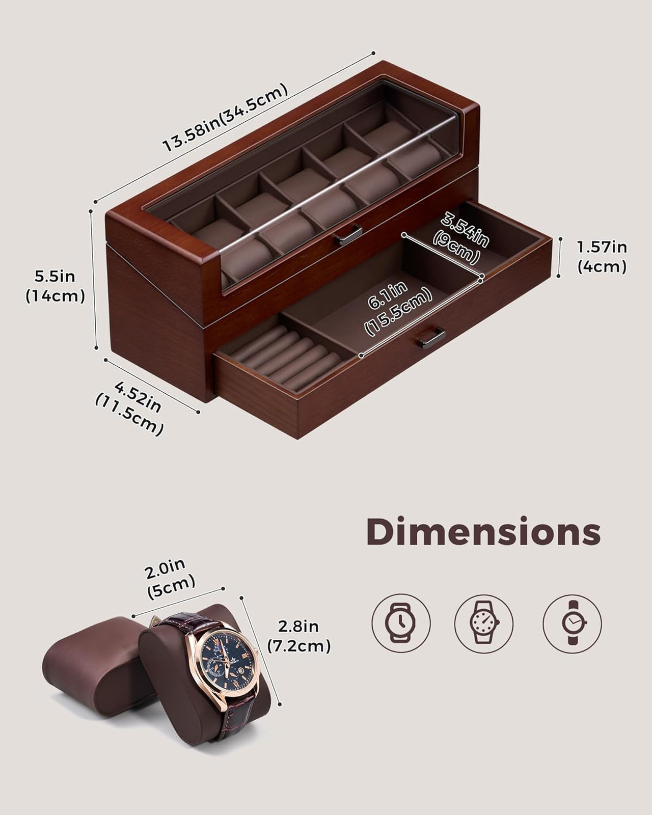 Wooden Watch Box for Men with Drawer, 6 Slot Jewelry Organizer Case, Walnut