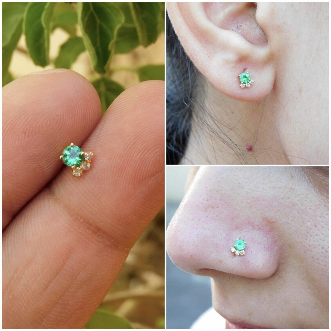 Round Cut Real Emerald Diamond Nose Screw Ring Stud Piercing Pin 14K Yellow Gold
