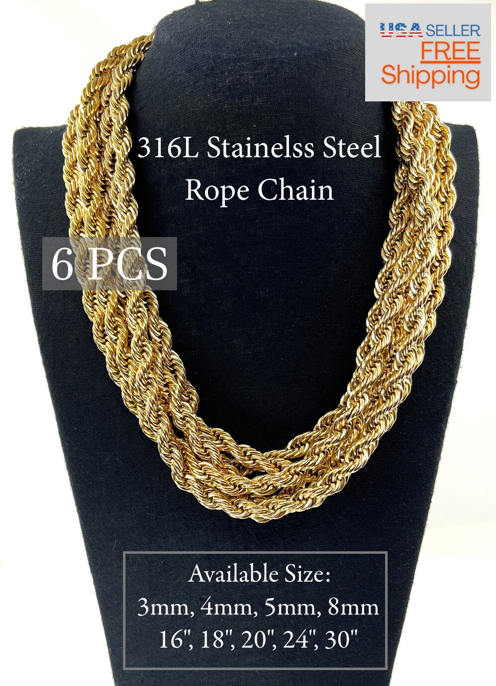 Wholesale Bulk 316L Stainless Steel Rope Chain 16, 18, 20, 24 inches Necklace