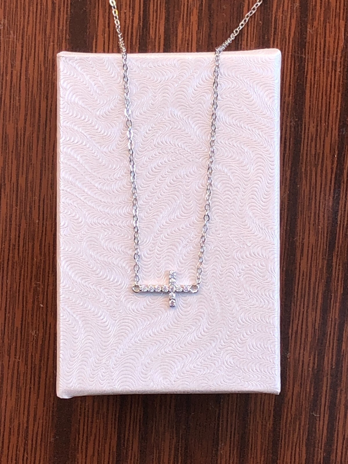 925 Sterling Silver CZ Sideways Cross Pendant Necklace Dainty 9.5mm 17.75″ Women