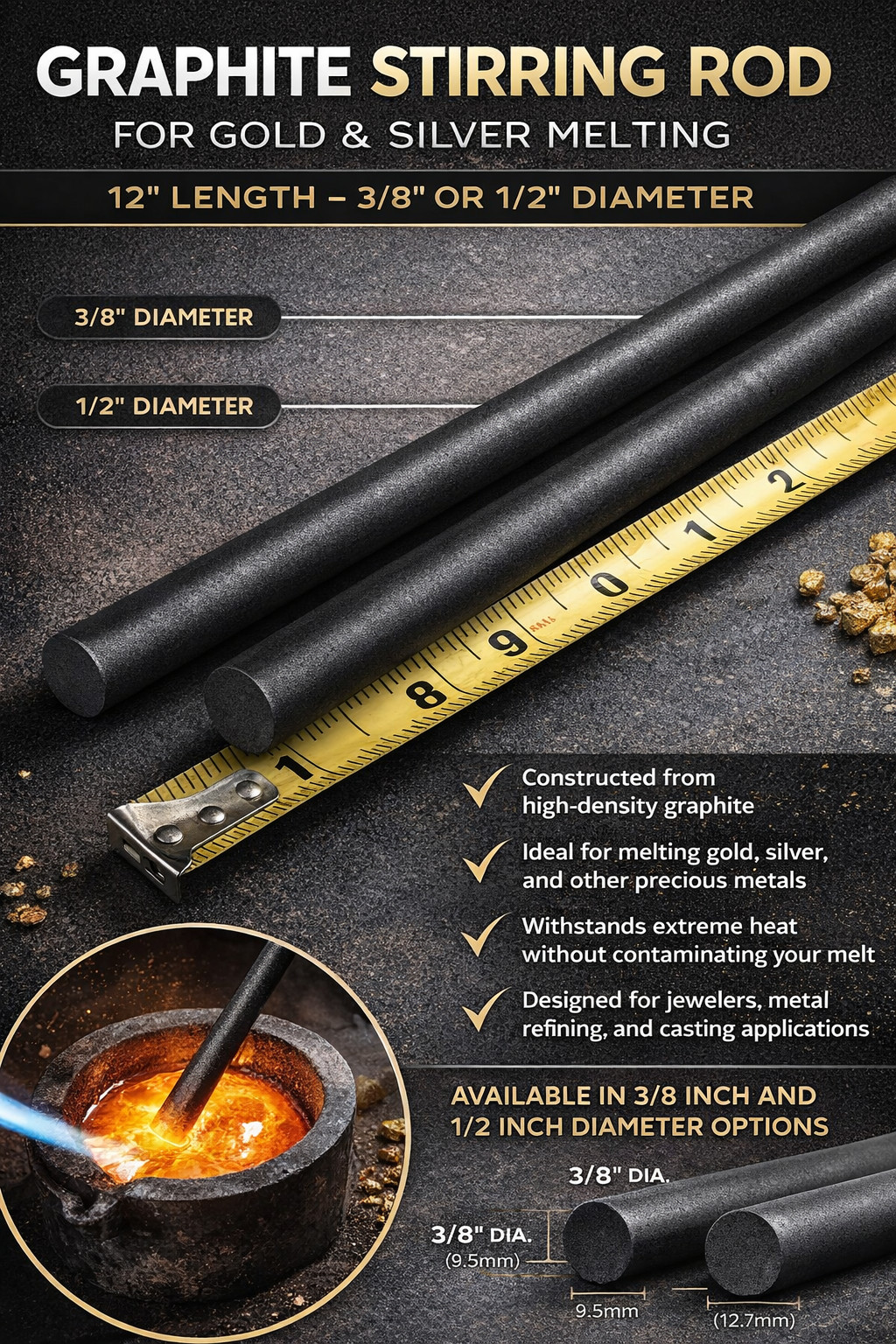 12″ Graphite Stirring Rod – Gold, Silver & Precious Metal Melting – 3/8″ or 1/2″