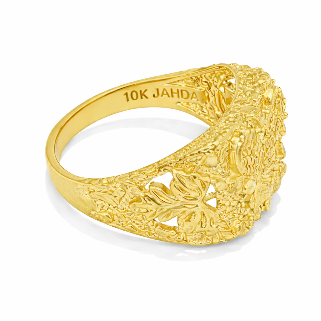 Solid 10K Yellow Gold Large Eagle Leaf Mens Nugget Ring, Size 5 – 15