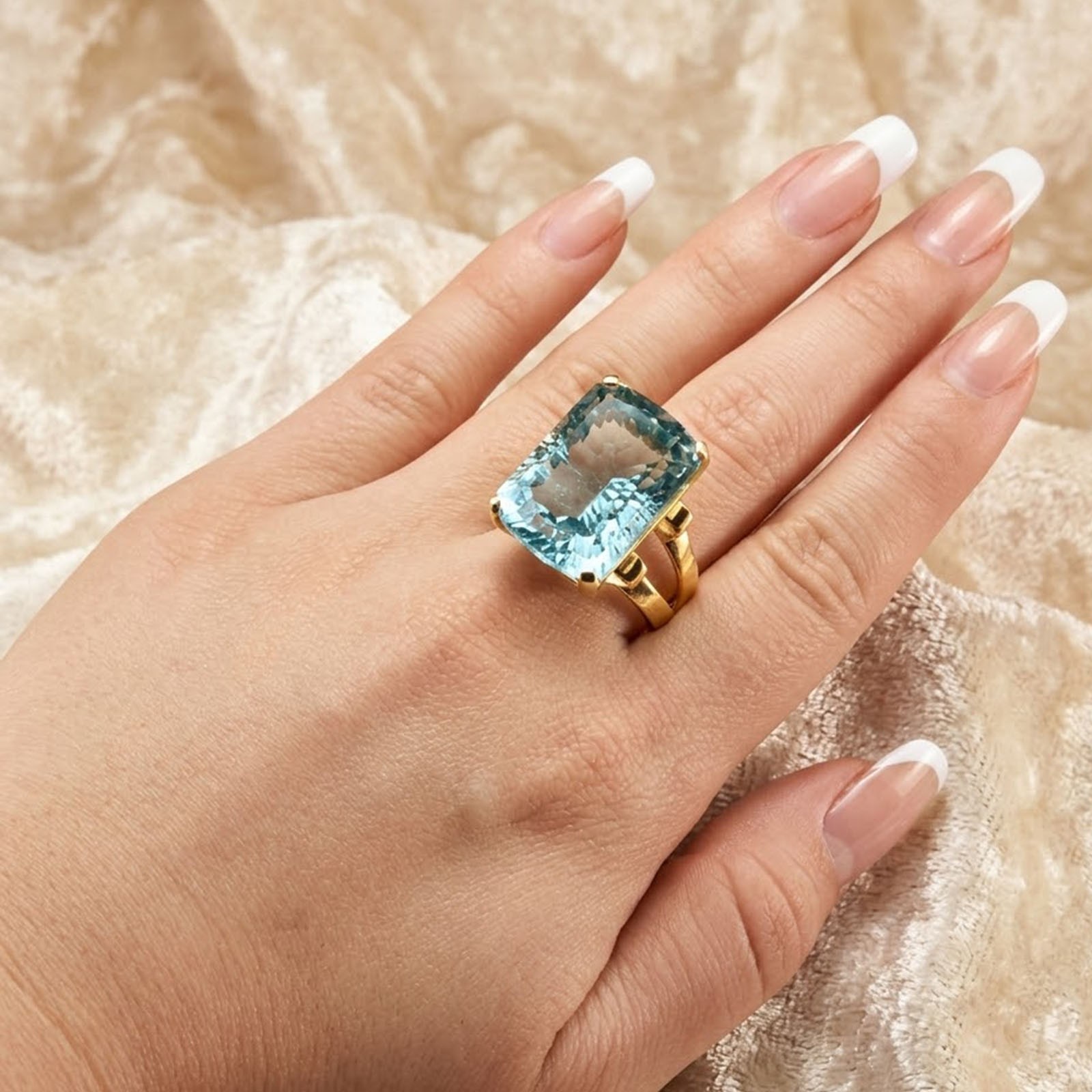 24K Gold 925 Sterling Silver Rings Pristine Sea Blue Aquamarine Concave 22.40Ct